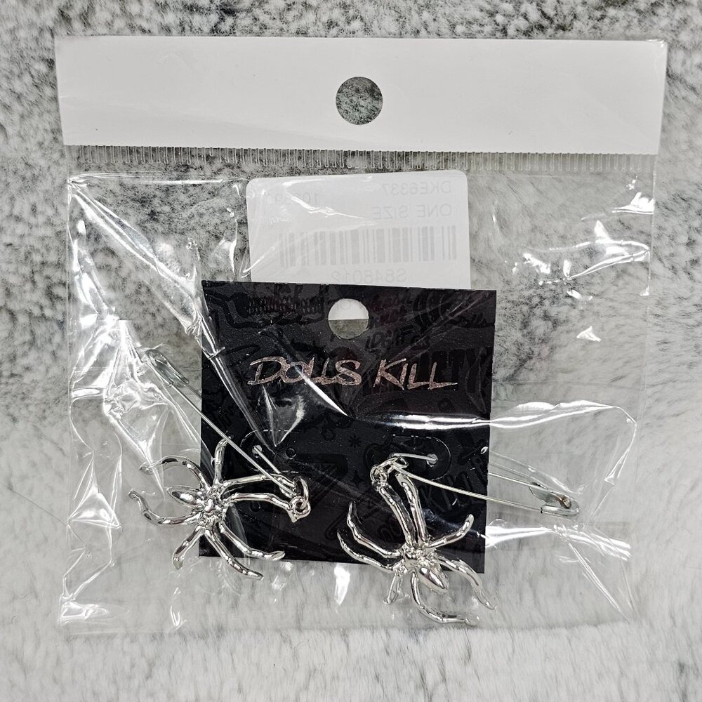 Dolls Kill Silver Real Safety Pin Spider Earrings Set Creepy Witchy Halloween
